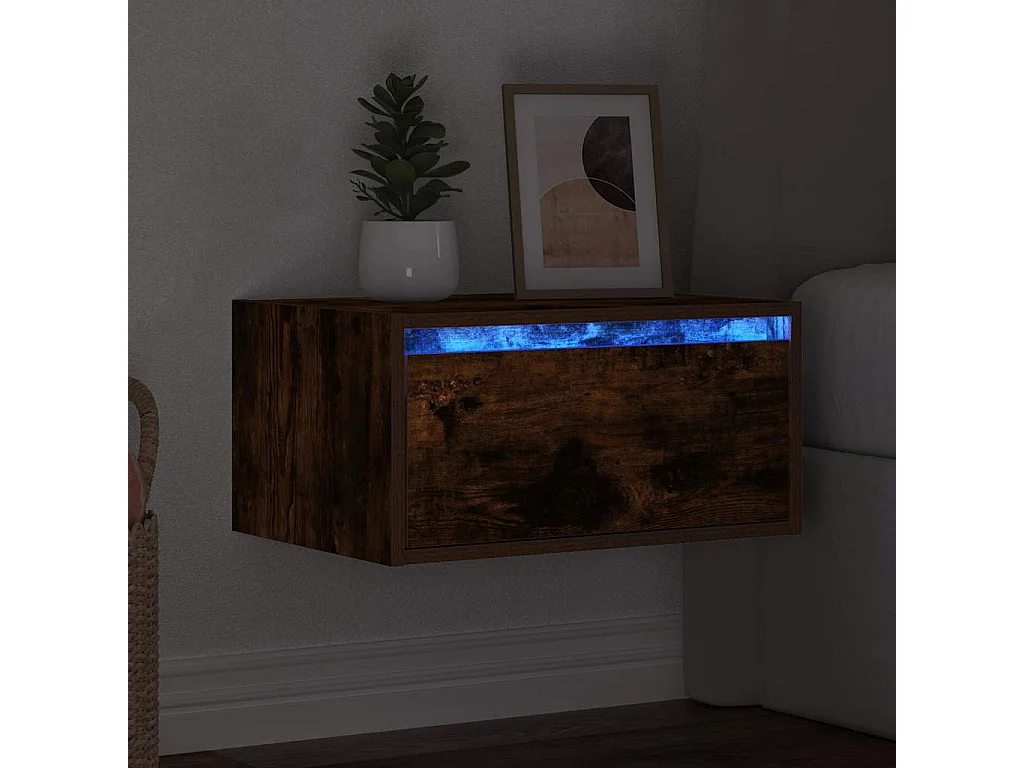 Table de chevet murale avec lumières LED chêne fumé