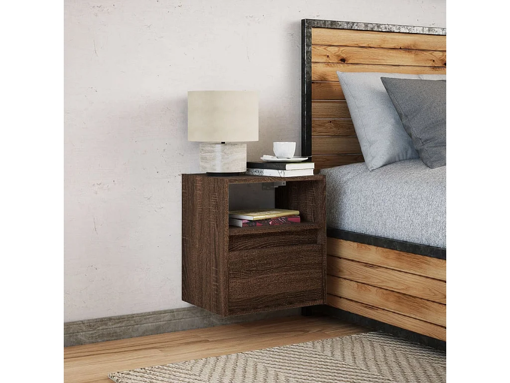 Table de chevet murale avec lumières LED chêne marron