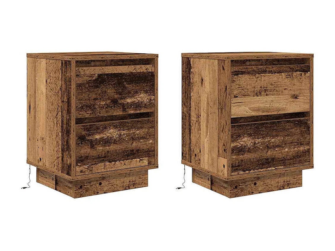 Tables de chevet avec lumières LED 2pièces vieux bois 38x34x50 cm