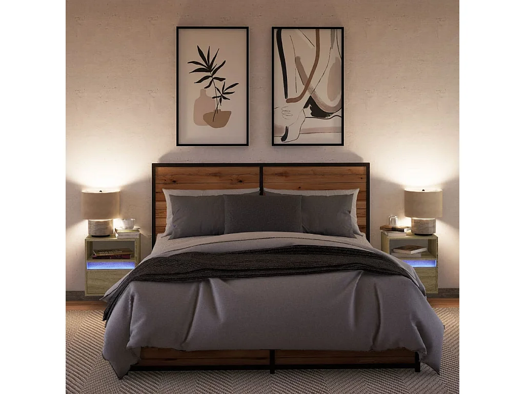 Tables de chevet murales avec lumières LED 2 pièces chêne sonoma