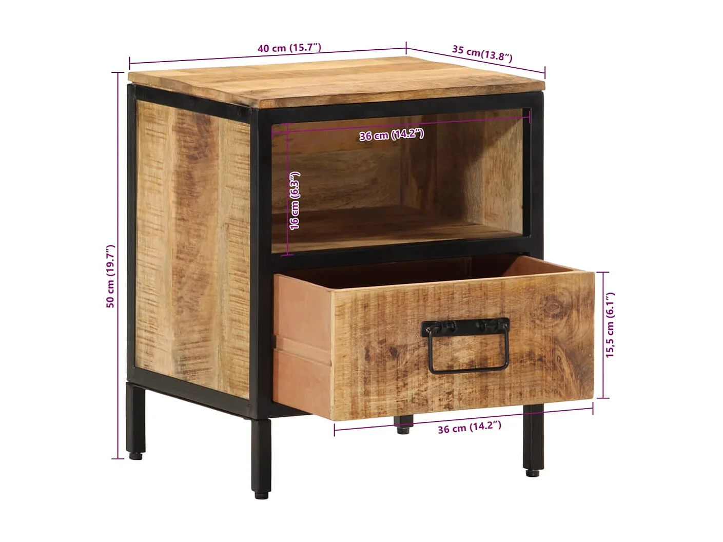 Mesita de noche madera maciza de mango 40x35x50 cm