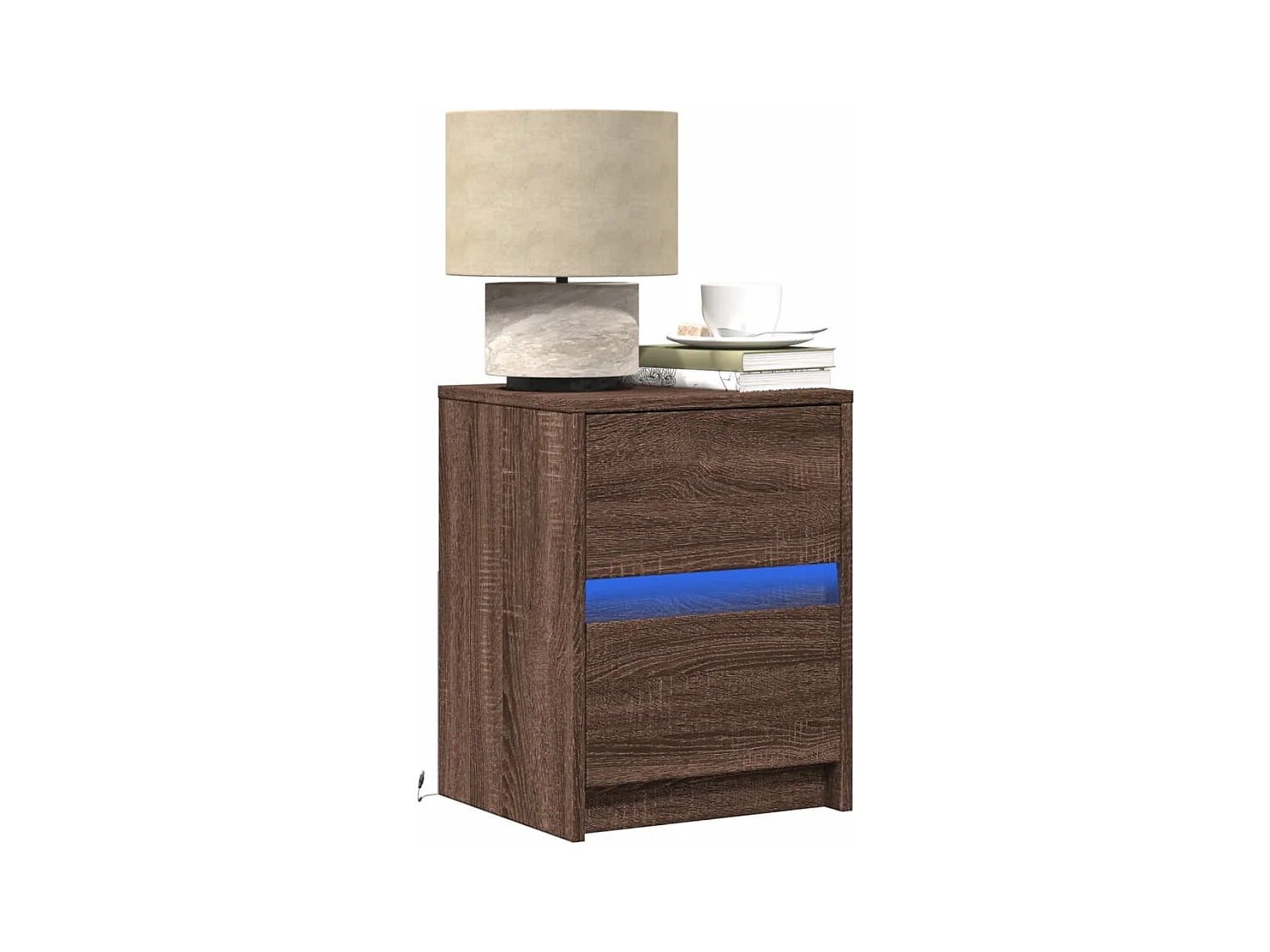 Mesita de noche con luces LED madera de ingeniería roble marrón