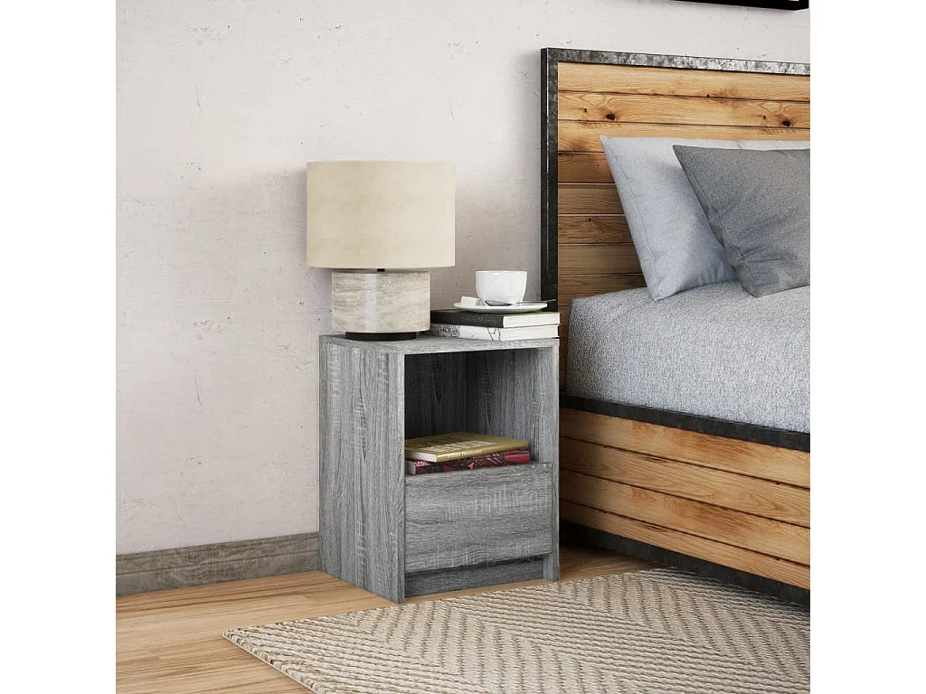 Mesa cabeceira com luzes LED derivados madeira cinzento sonoma