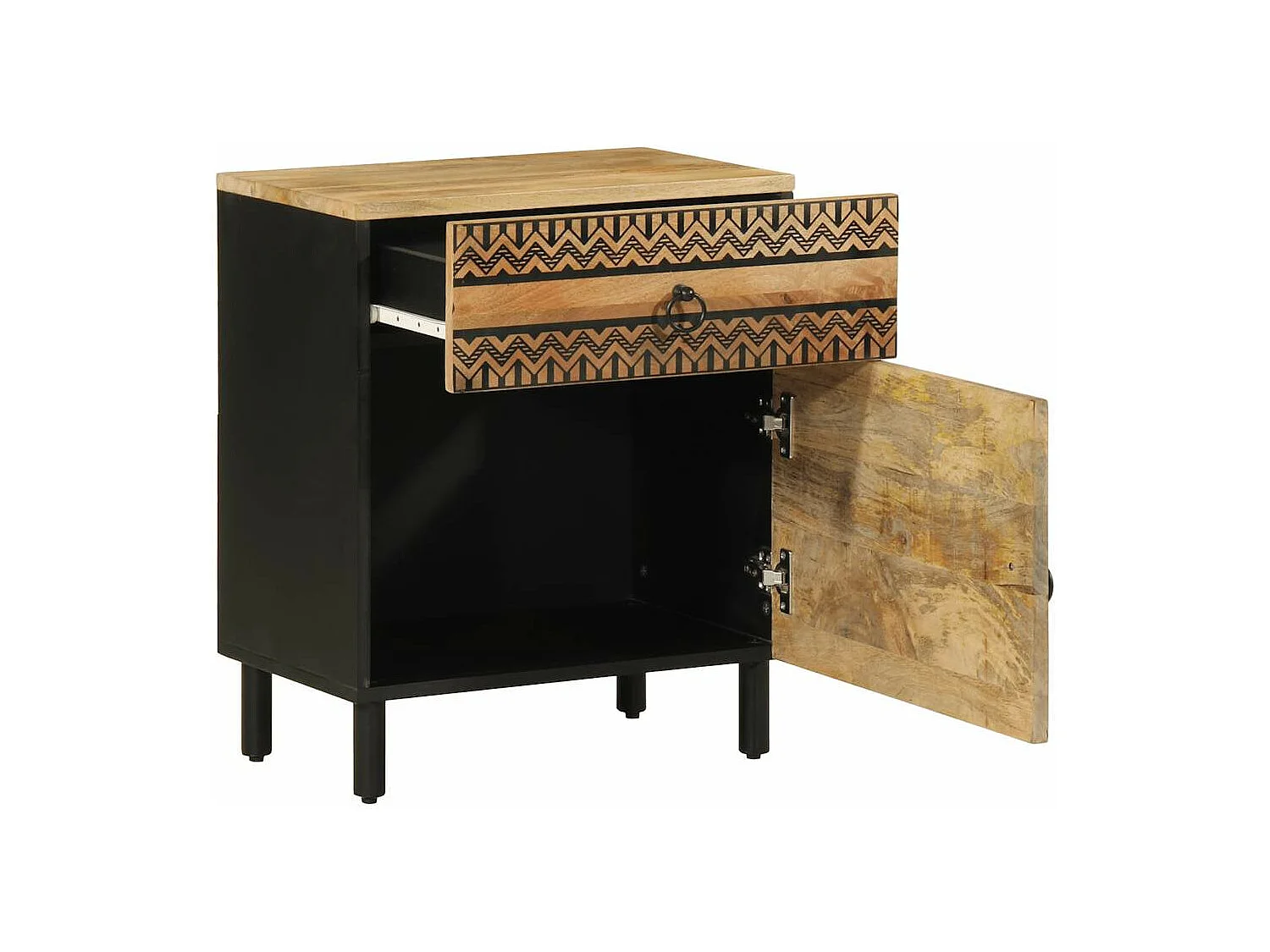 Table de chevet noir 50x33x60 cm bois de manguier massif brut
