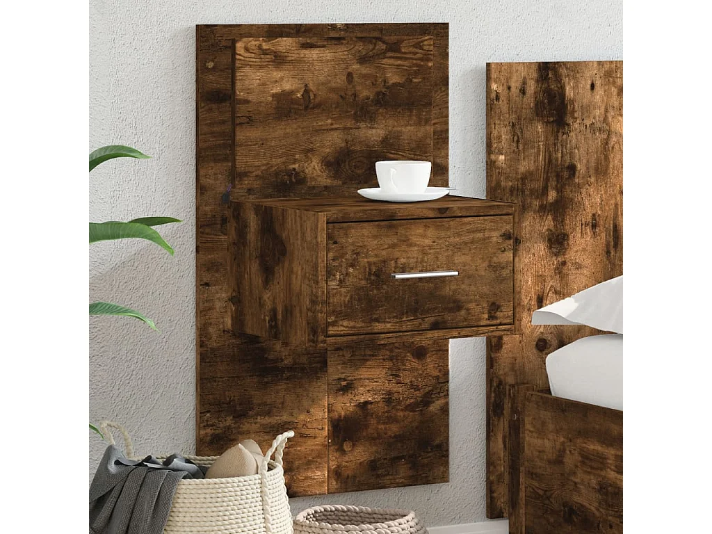 Mesita de noche de pared con luces LED roble ahumado