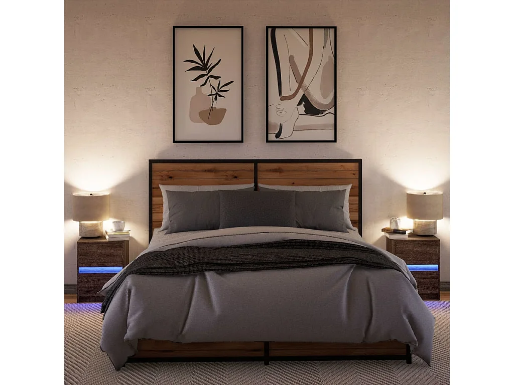 Tables de chevet et lumières LED 2 pièces chêne marron