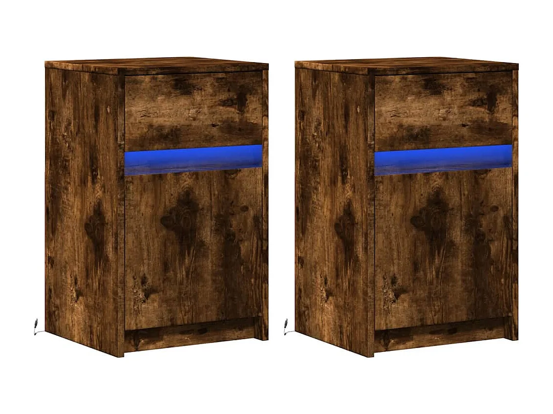 Tables de chevet et lumières LED 2 pièces chêne fumé