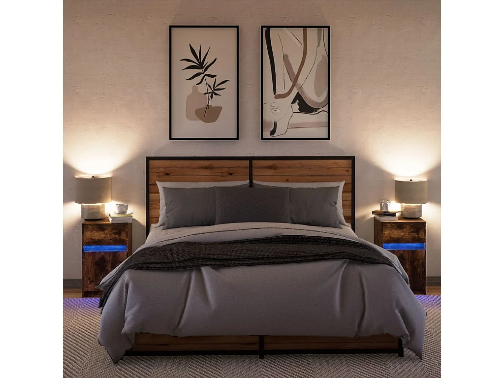 Tables de chevet et lumières LED 2 pièces chêne fumé