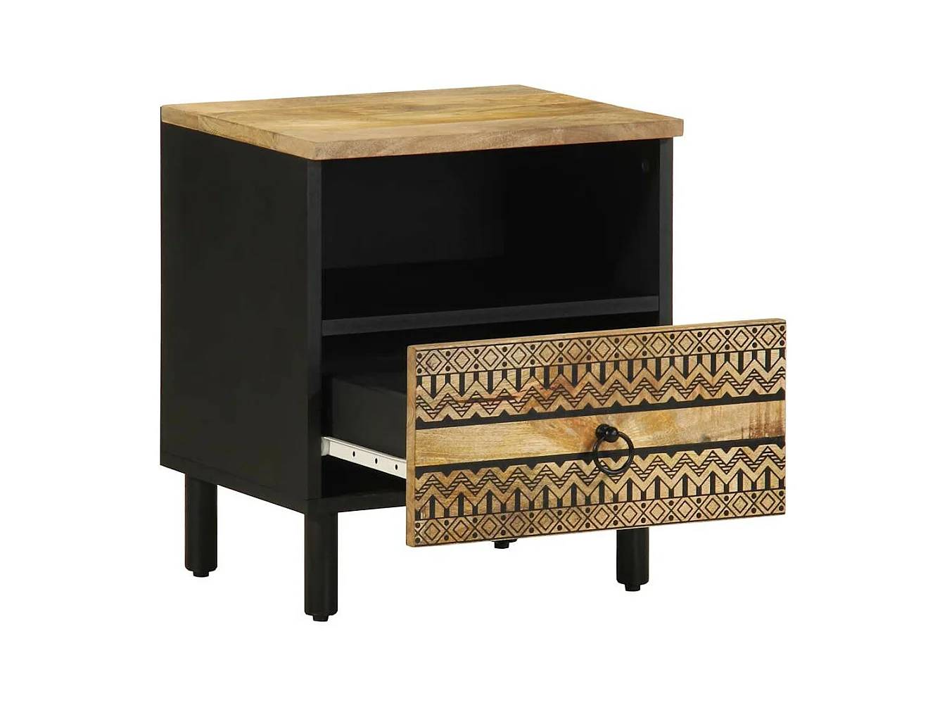 Mesita de noche madera maciza de mango rugosa negro 40x33x46 cm