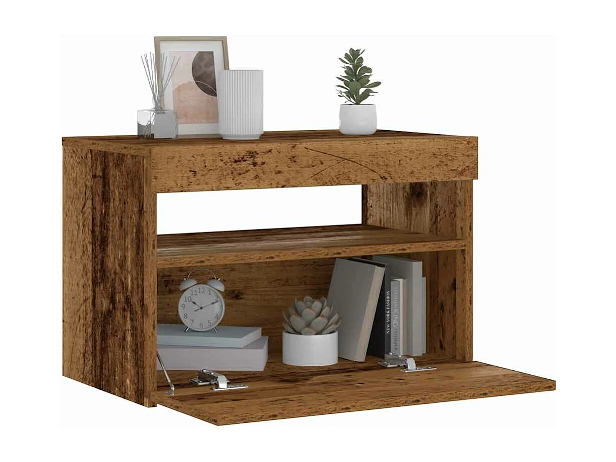 Table de chevet avec lumières LED vieux bois bois d'ingénierie