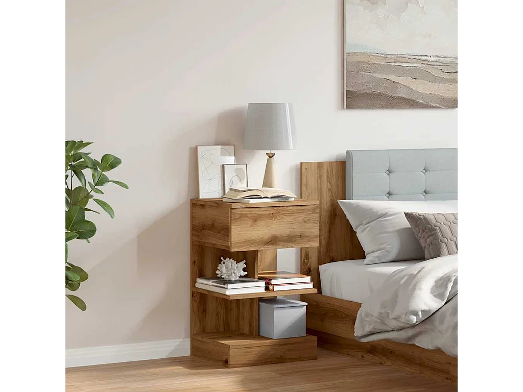 Table de chevet chêne artisanal 40x35x65 cm bois d'ingénierie