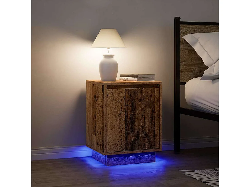 Nachtkastje met LED-verlichting 38x34x50 cm oud hout