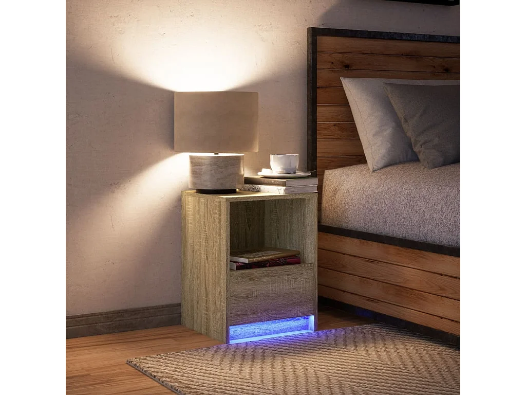 Table de chevet avec lumières LED chêne sonoma