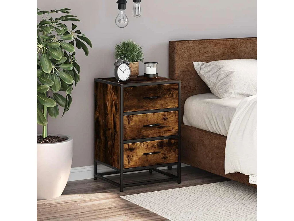 Table de chevet chêne fumé 40x34,5x60cm bois d'ingénierie métal