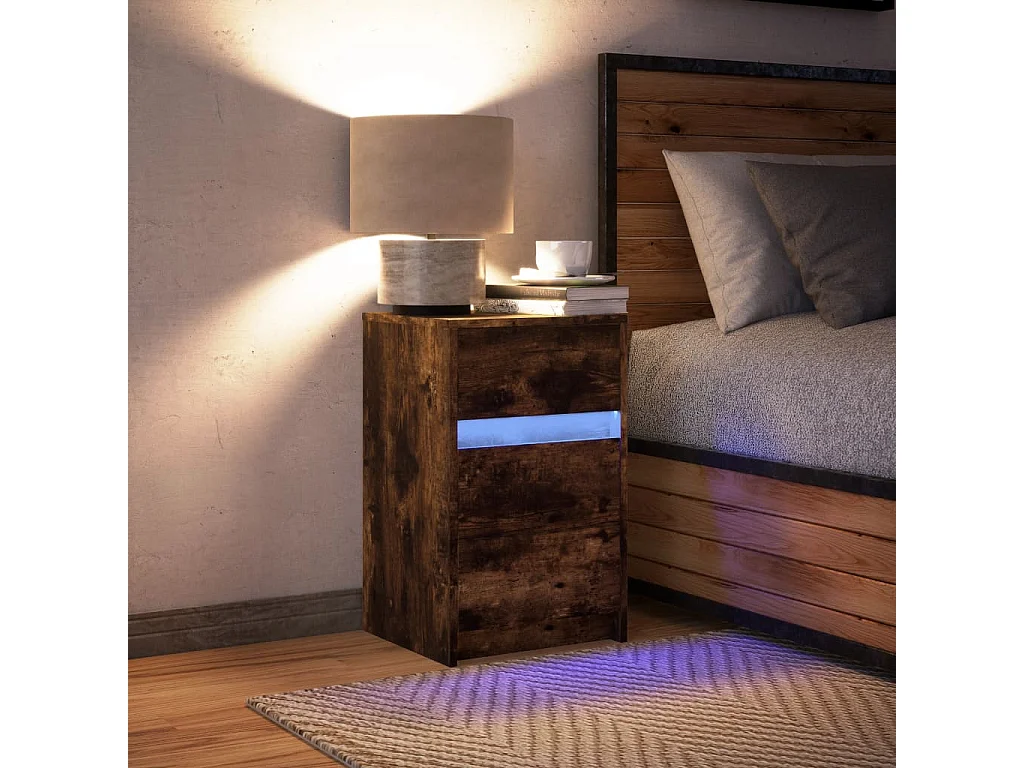 Table de chevet et lumières LED chêne fumé bois d'ingénierie