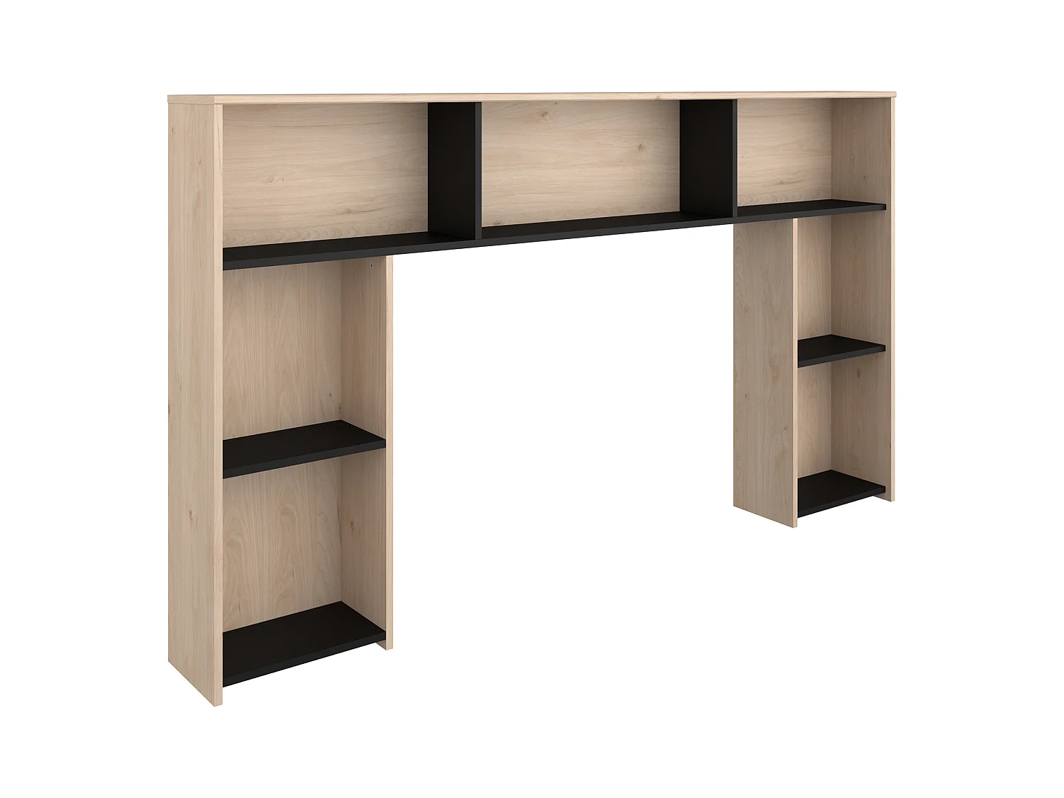 Lit 140 x 190/200 cm avec tête de lit et rangements - Coloris : Naturel et noir - KINSELIA