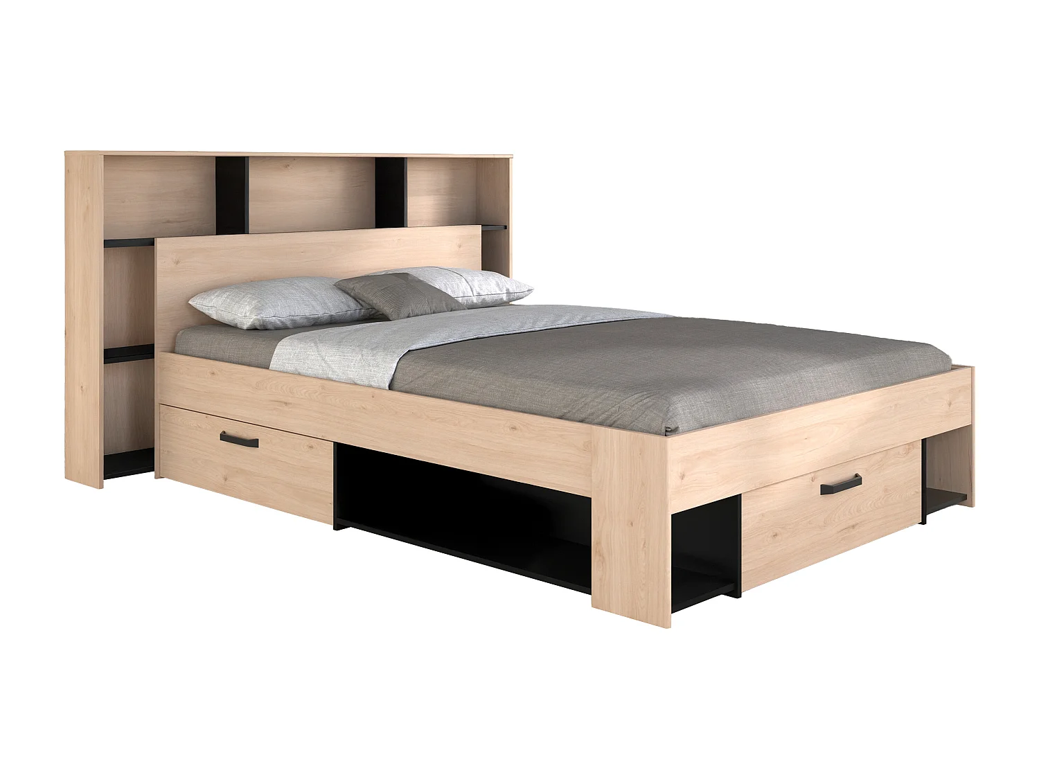 Lit 140 x 190/200 cm avec tête de lit et rangements - Coloris : Naturel et noir - KINSELIA