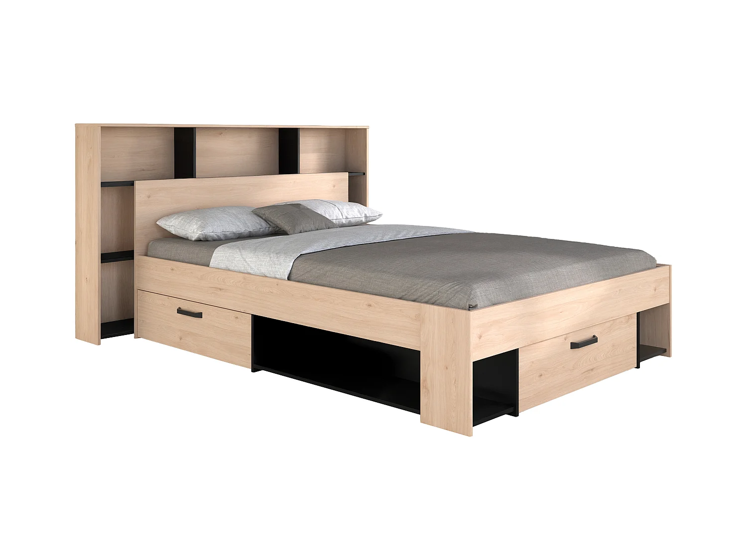 Bett 140 x 190/200 cm mit Kopfteil & Stauraum - Holzfarben & Schwarz - KINSELIA