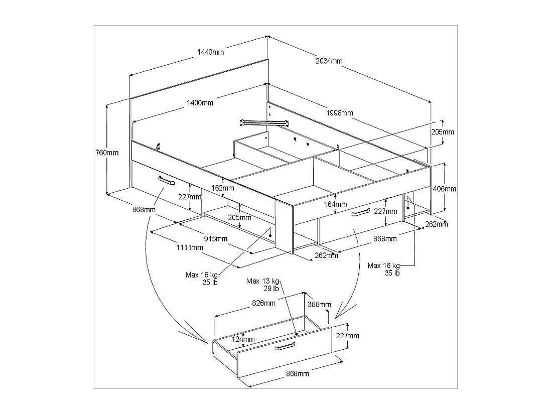 Bett 140 x 190/200 cm mit Kopfteil & Stauraum - Holzfarben & Schwarz - KINSELIA