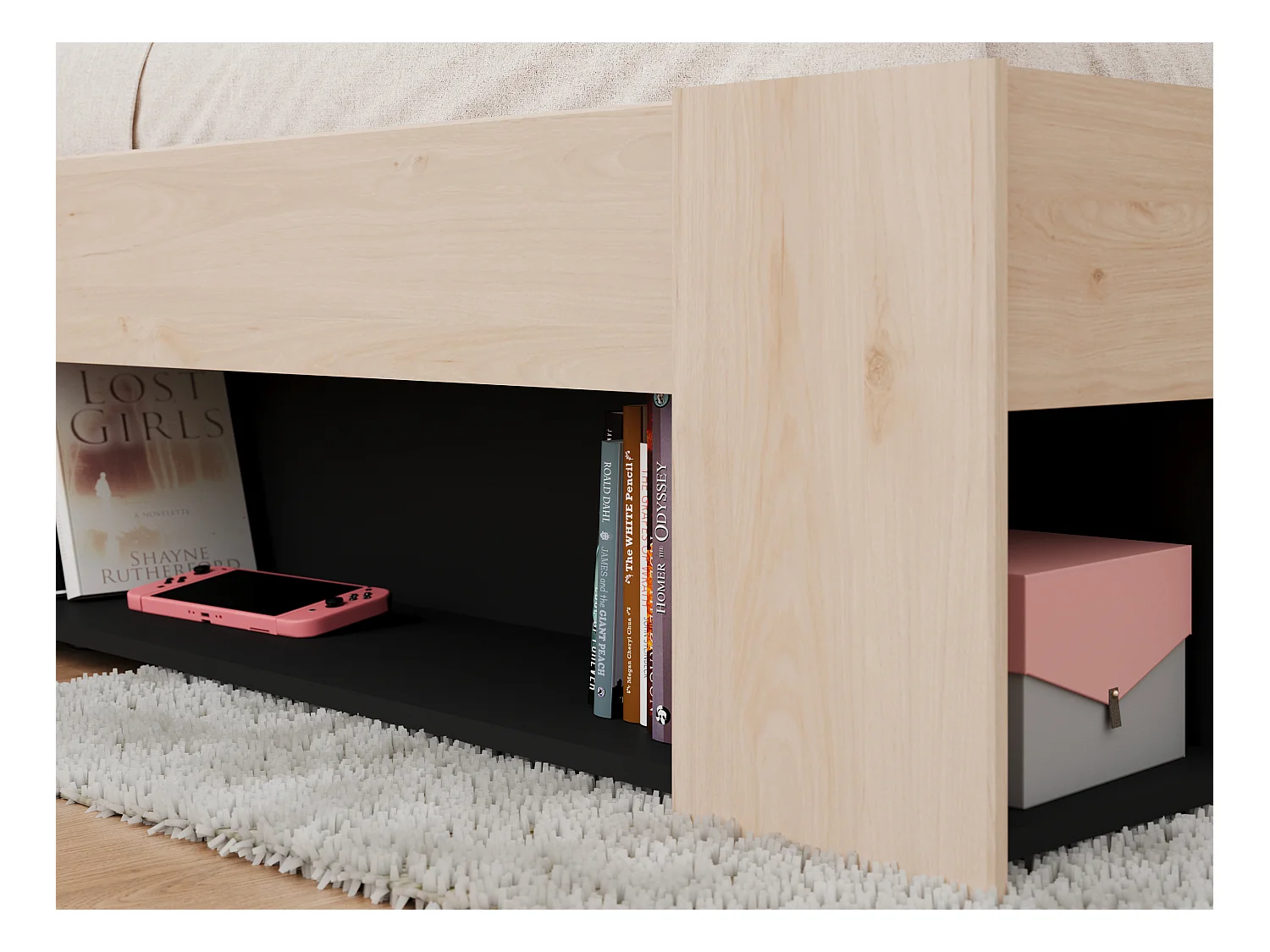 Bett 140 x 190/200 cm mit Kopfteil & Stauraum - Holzfarben & Schwarz - KINSELIA