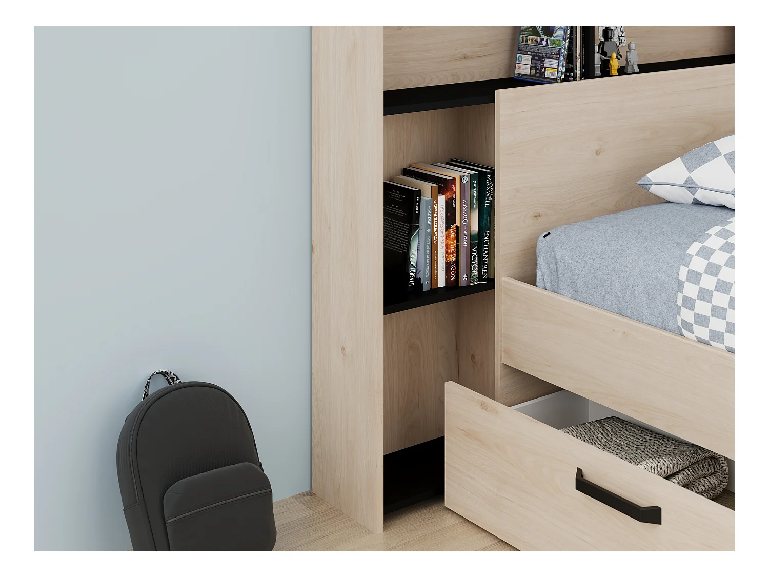 Bett 140 x 190/200 cm mit Kopfteil & Stauraum - Holzfarben & Schwarz - KINSELIA