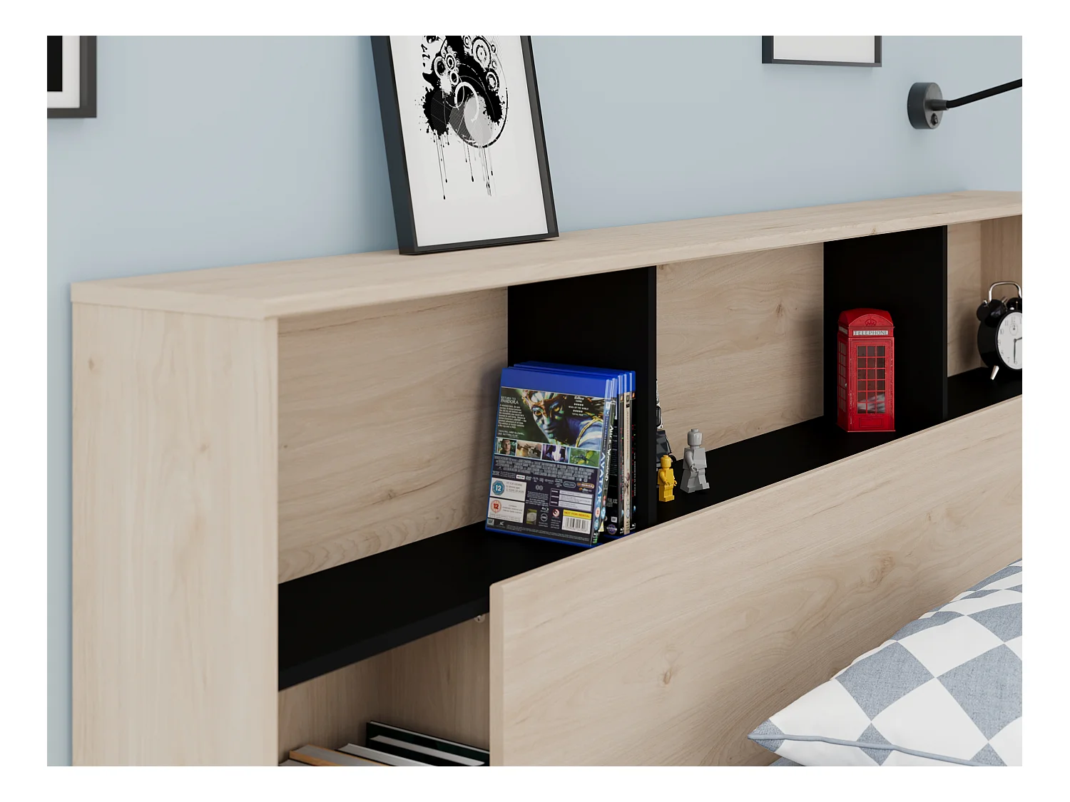 Bett 140 x 190/200 cm mit Kopfteil & Stauraum - Holzfarben & Schwarz - KINSELIA