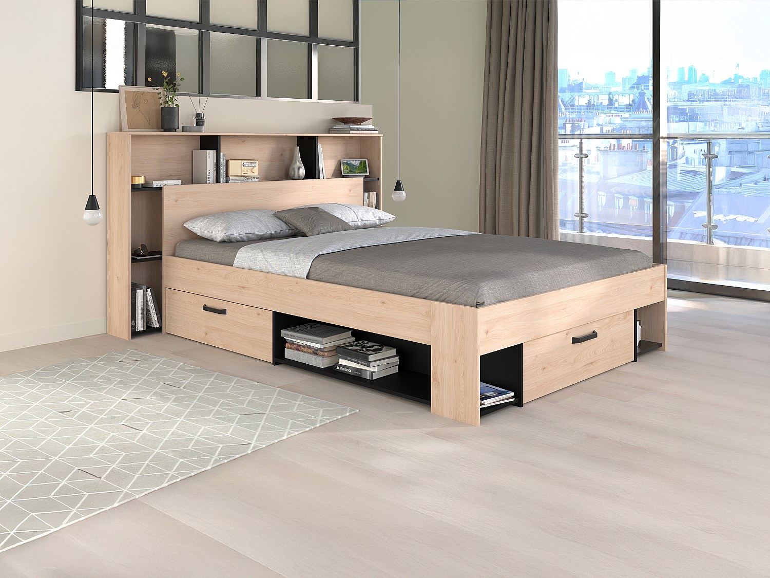 Bett 140 x 190/200 cm mit Kopfteil & Stauraum - Holzfarben & Schwarz - KINS günstig online kaufen