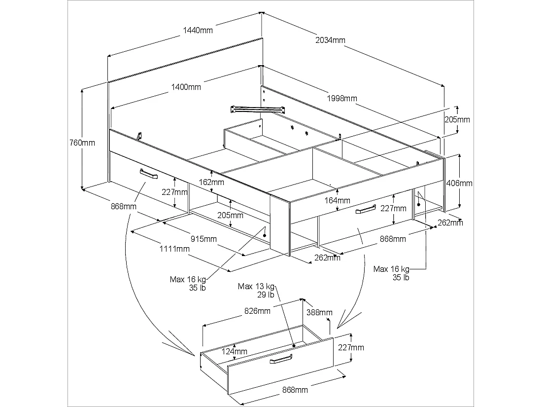 Lit 140 x 190/200 cm avec tête de lit et rangements - Coloris : Naturel et noir - KINSELIA