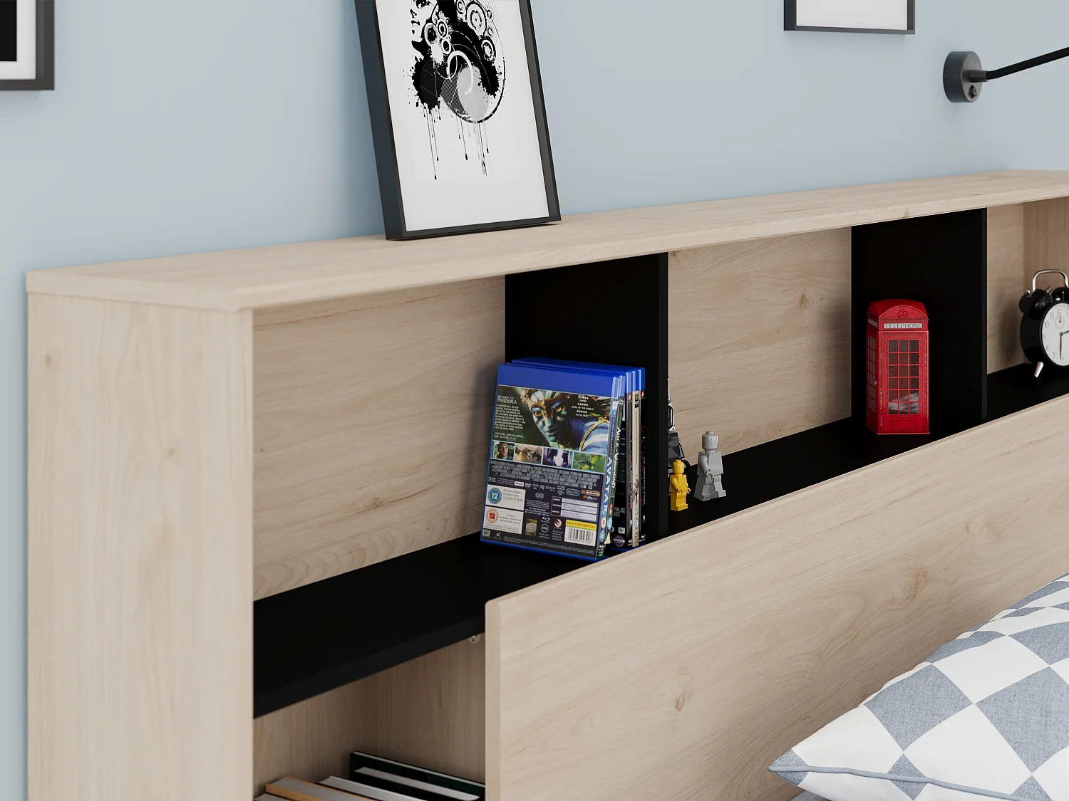 Bed 140 x 190/200 cm met hoofdbord met opbergruimte - Kleur: naturel en zwart + bedbodem - KINSELIA