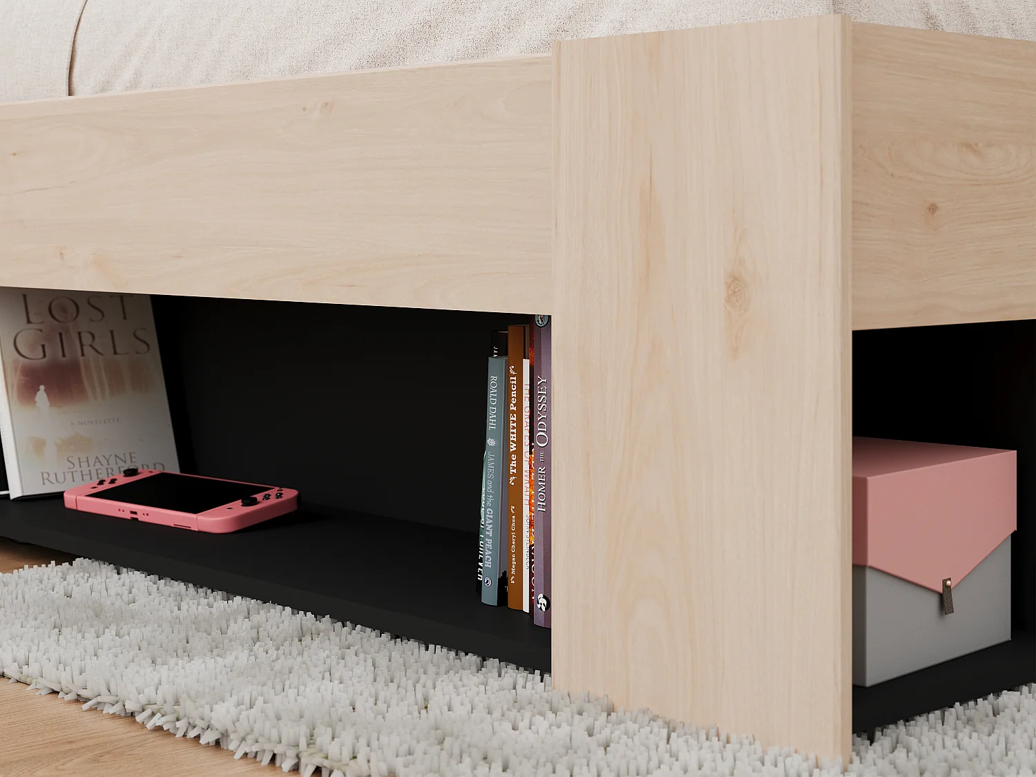 Bed 140 x 190/200 cm met hoofdbord met opbergruimte - Kleur: naturel en zwart + bedbodem - KINSELIA