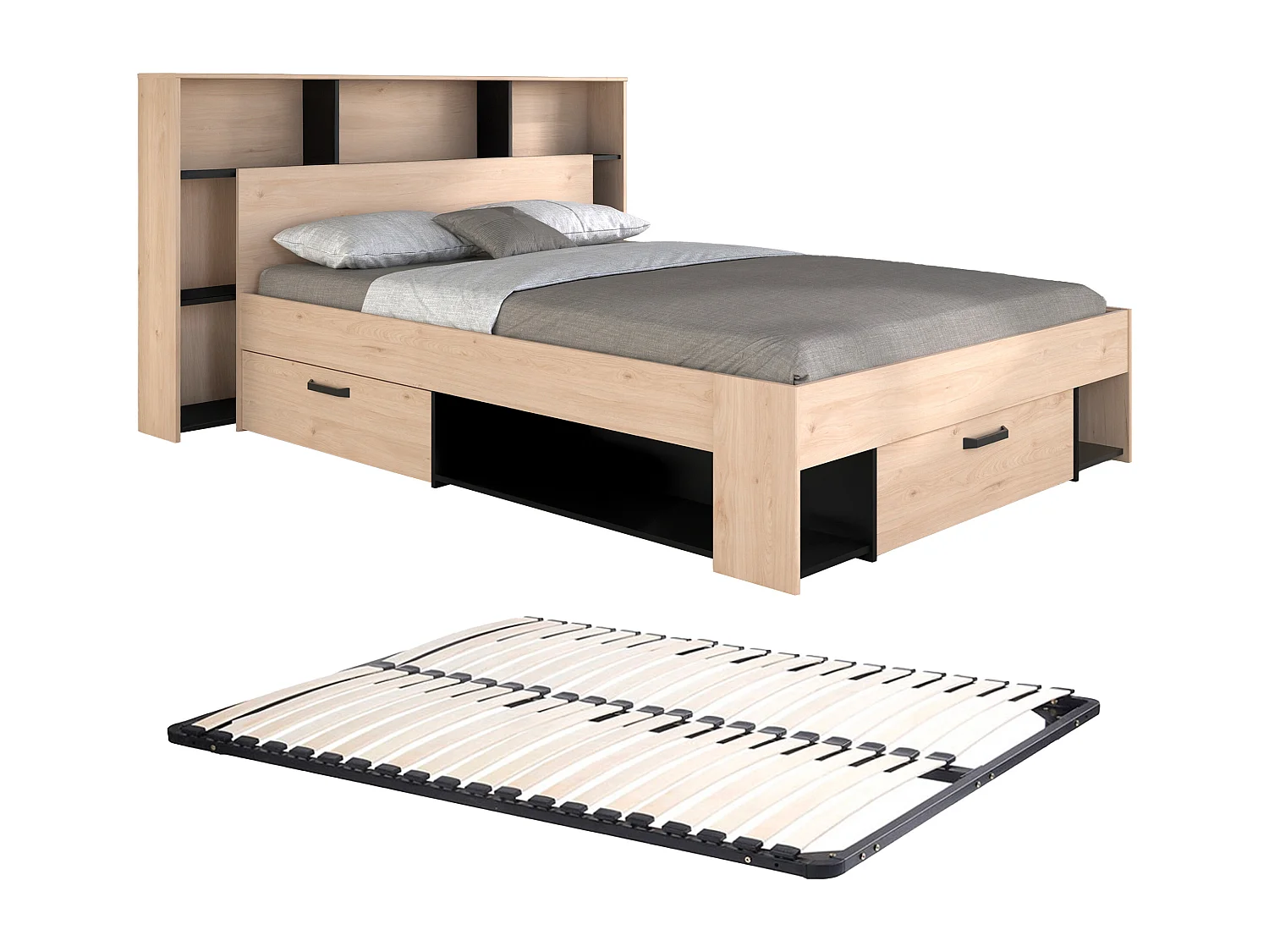 Bed 140 x 190/200 cm met hoofdbord met opbergruimte - Kleur: naturel en zwart + bedbodem - KINSELIA