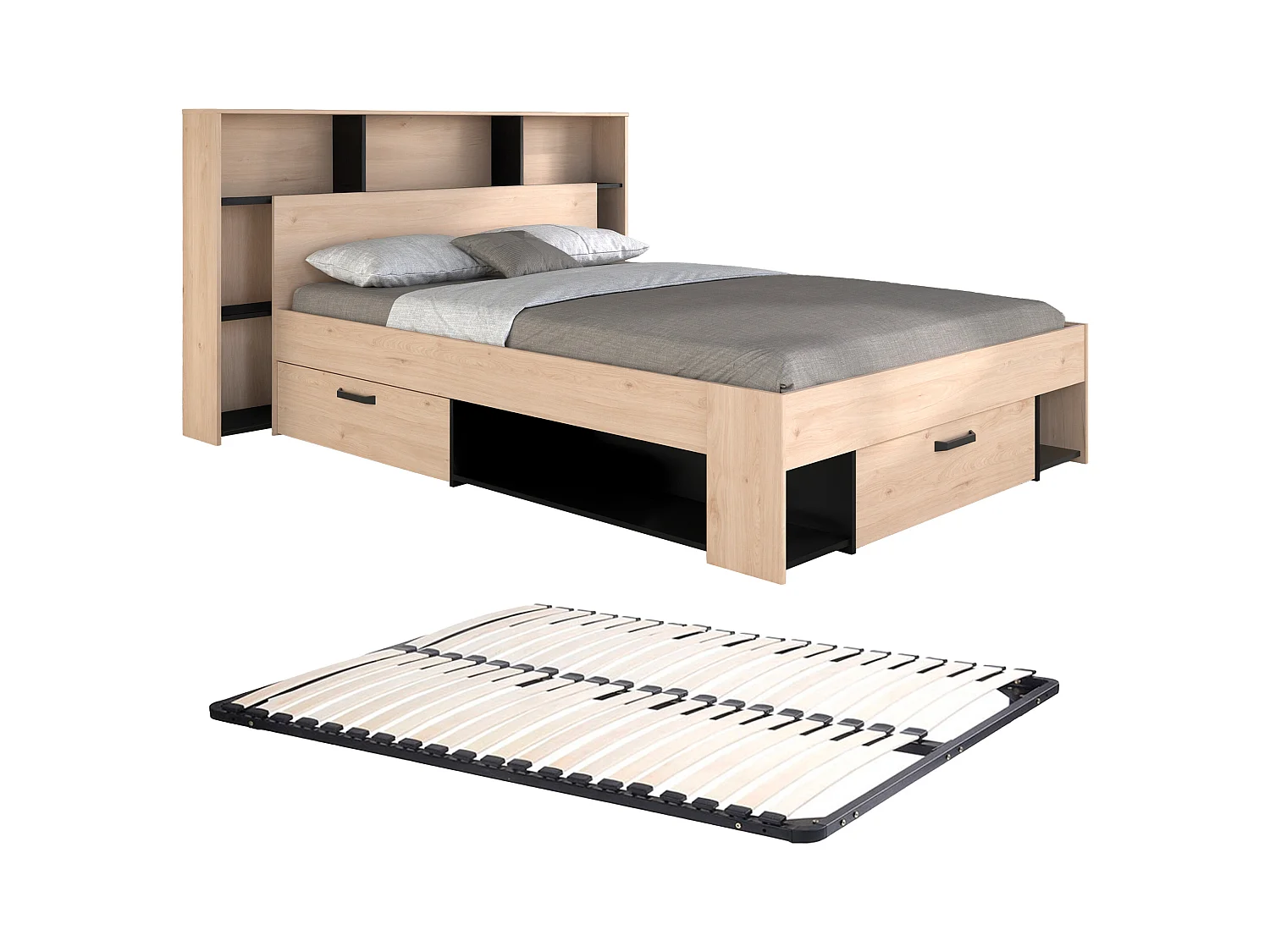 Cama 140 x 190/200 cm con cabecero y almacenamiento - Color: Natural y negro + Somier - KINSELIA