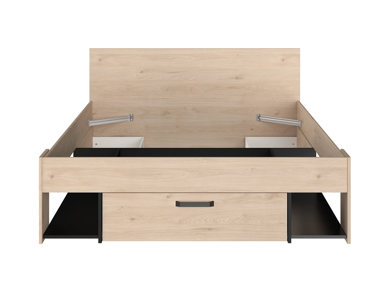 Cama 140 x 190/200 cm con cabecero y almacenamiento - Color: Natural y negro + Somier - KINSELIA