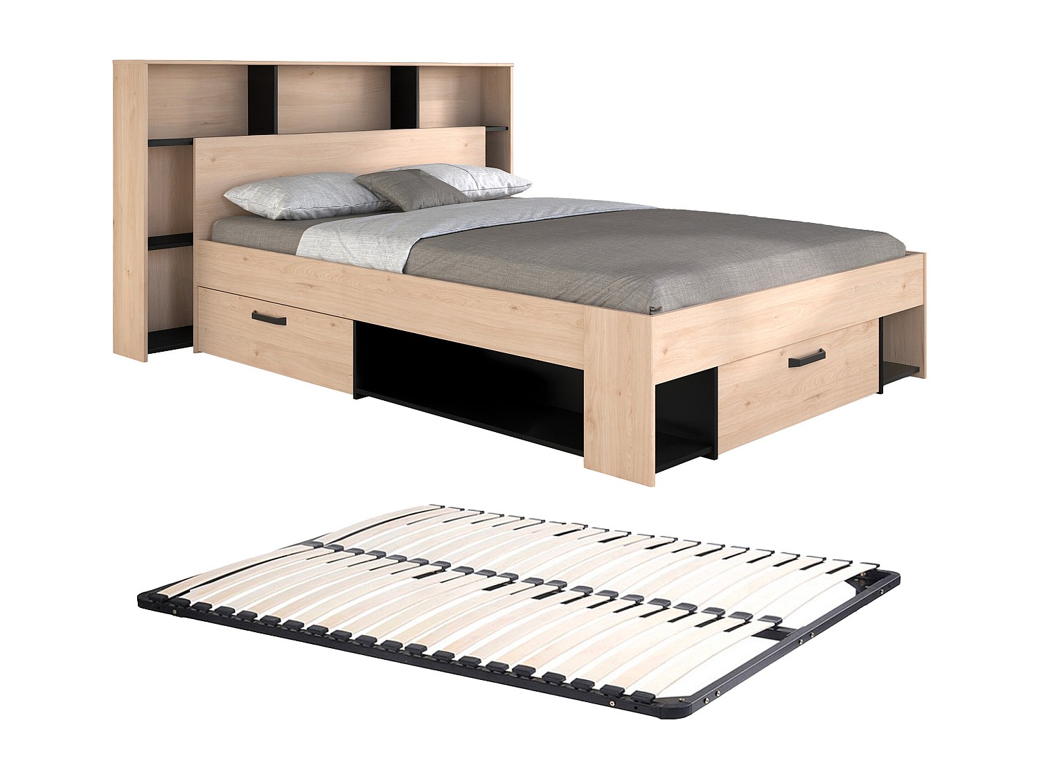 Bett 140 x 190/200 cm mit Kopfteil & Stauraum + Lattenrost - Holzfarben & S günstig online kaufen