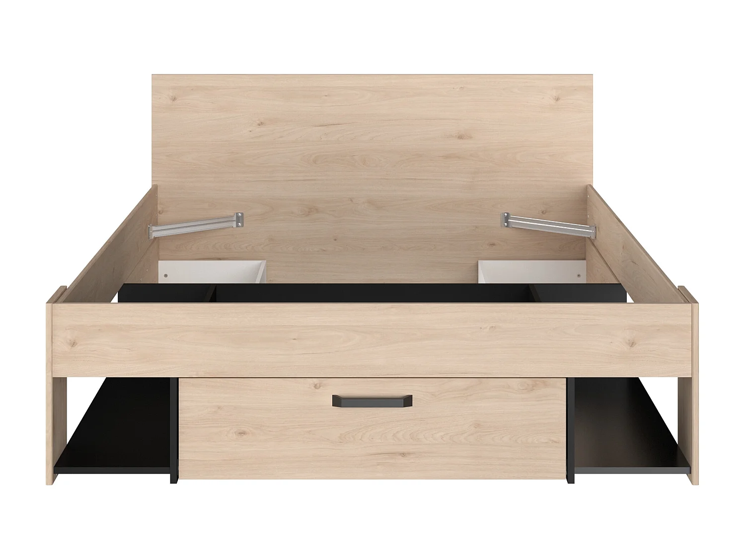 Lit 140 x 190/200 cm avec tête de lit et rangements - Coloris : Naturel et noir + Sommier - KINSELIA