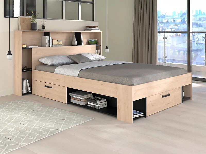 Lit 140 x 190/200 cm avec tête de lit et rangements - Coloris : Naturel et noir + Sommier - KINSELIA