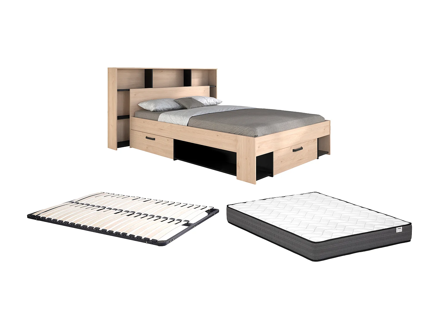 Lit 140 x 190/200 cm avec tête de lit et rangements - Coloris : Naturel et noir + Sommier + Matelas - KINSELIA