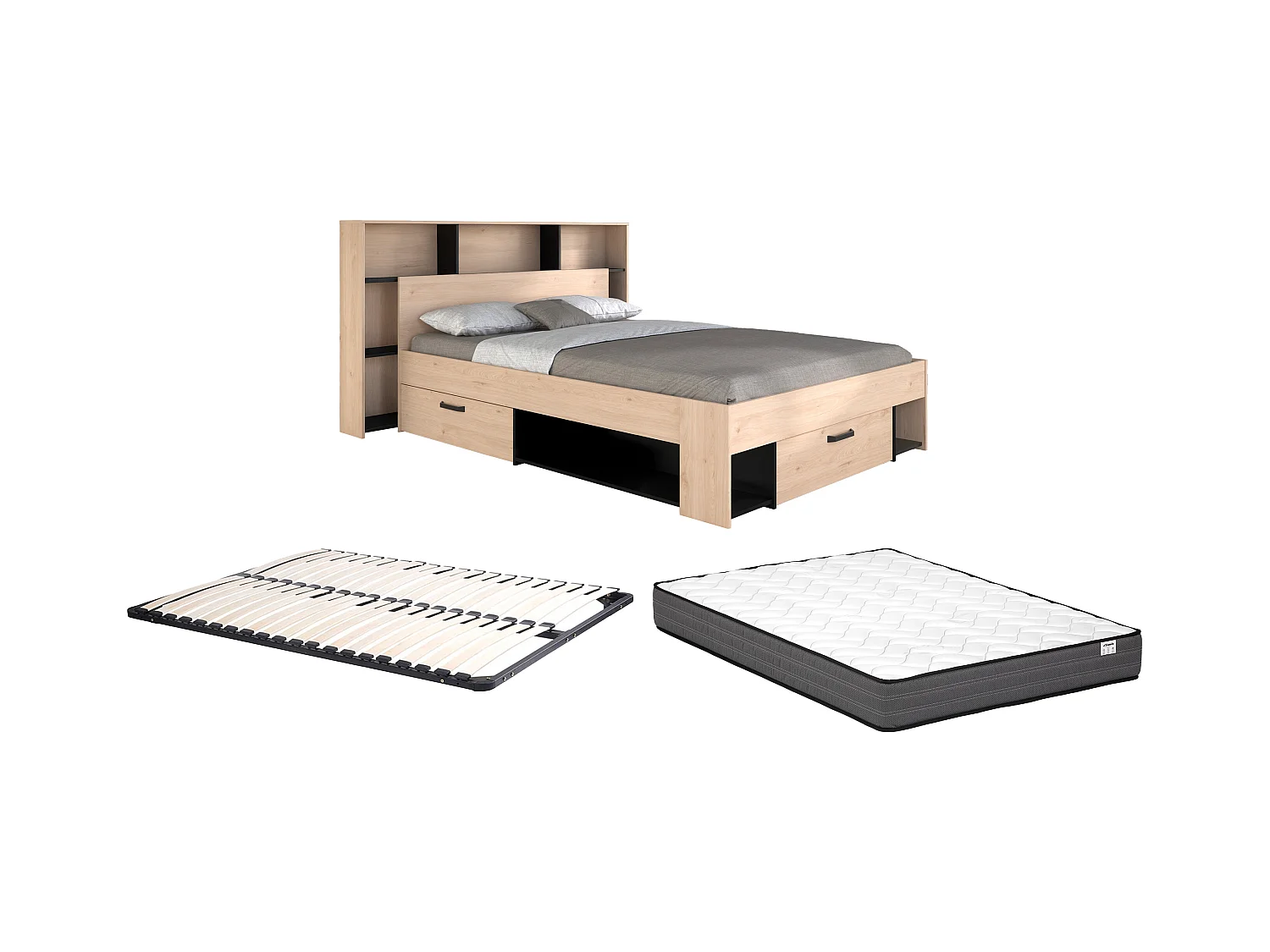 Cama 140 x 190/200 cm con cabecero y almacenamiento - Color: Natural y negro + Somier + Colchón - KINSELIA