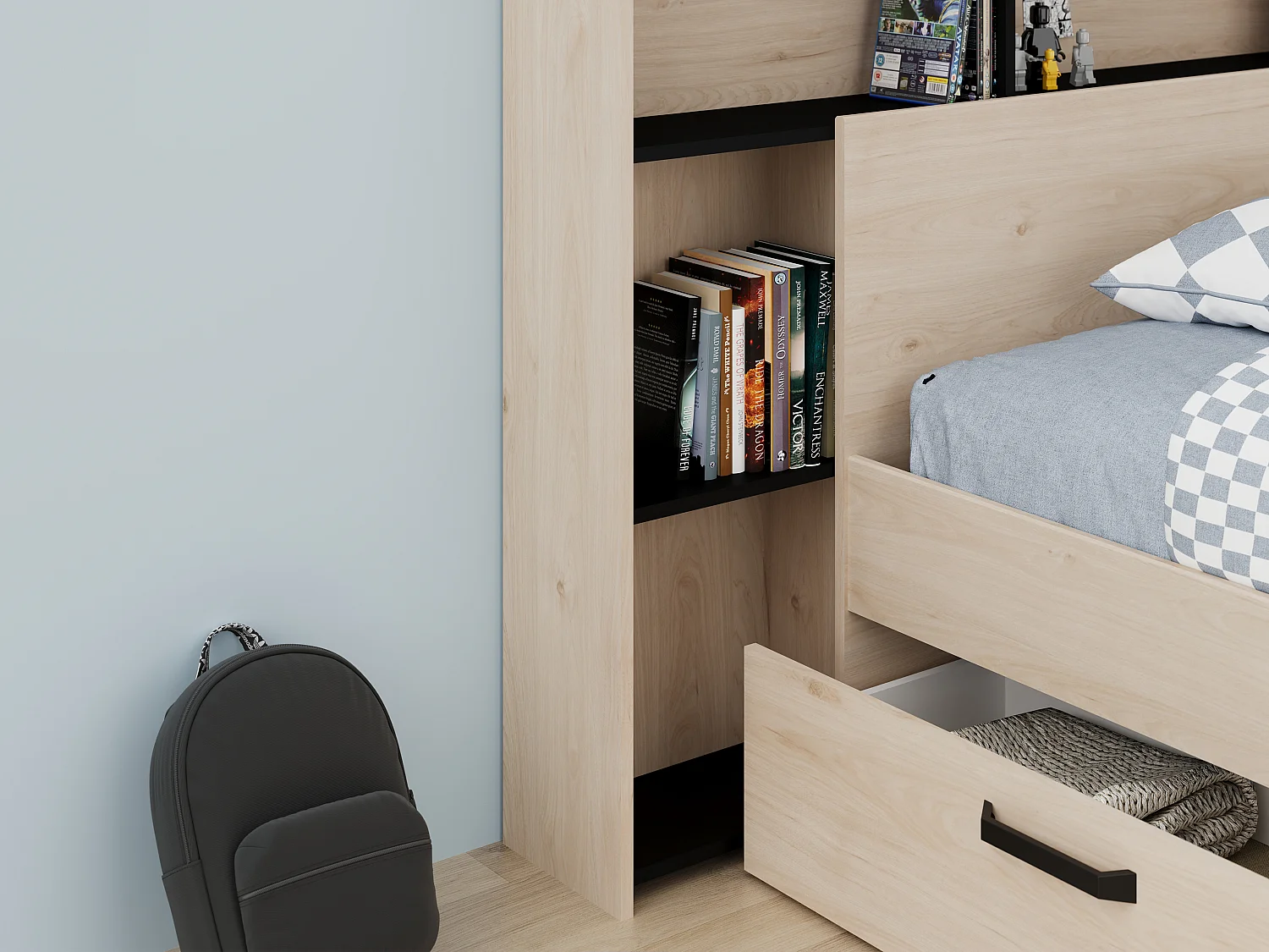 Lit 140 x 190/200 cm avec tête de lit et rangements - Coloris : Naturel et noir + Sommier + Matelas - KINSELIA