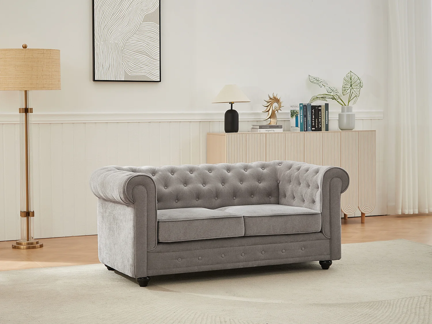 Canapé 2 places en tissu gris CHESTERFIELD