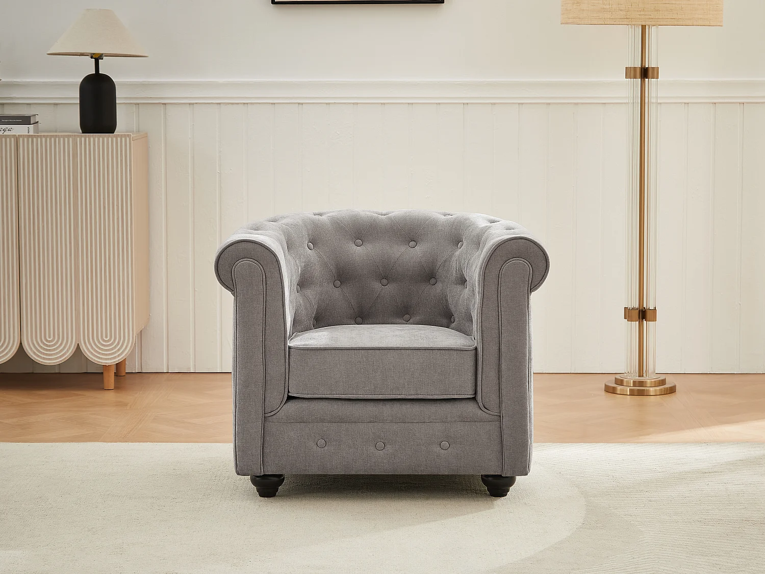 Fauteuil en tissu gris CHESTERFIELD