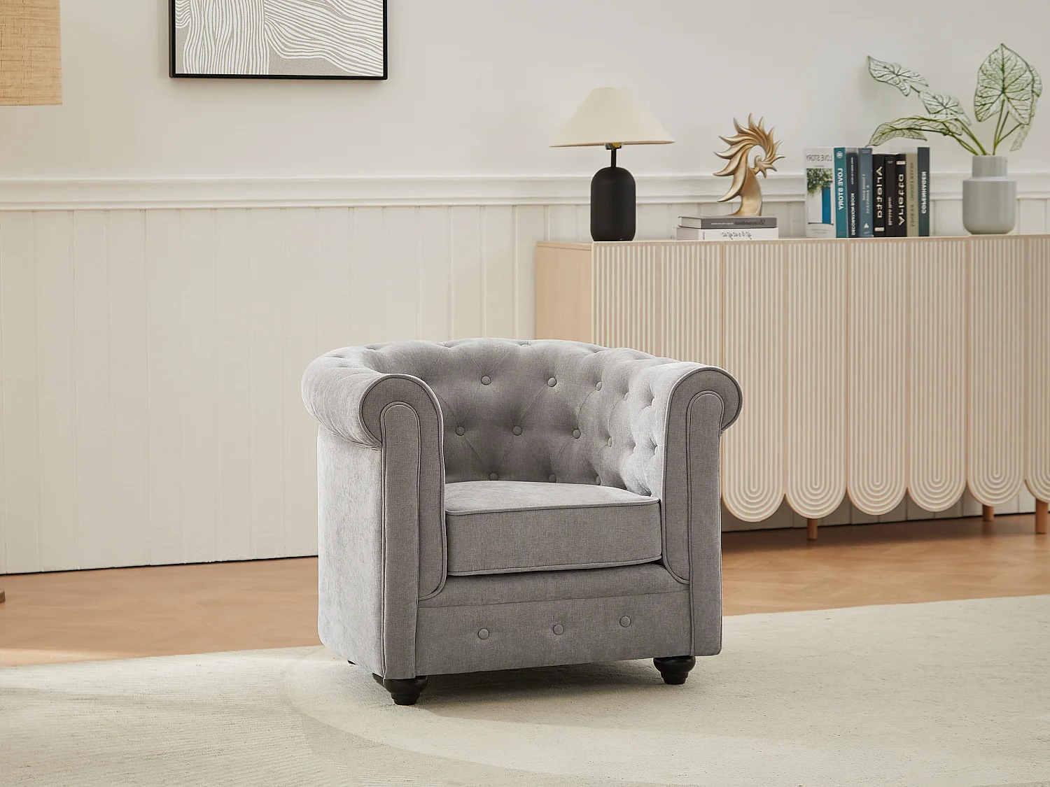 Fauteuil en tissu gris CHESTERFIELD