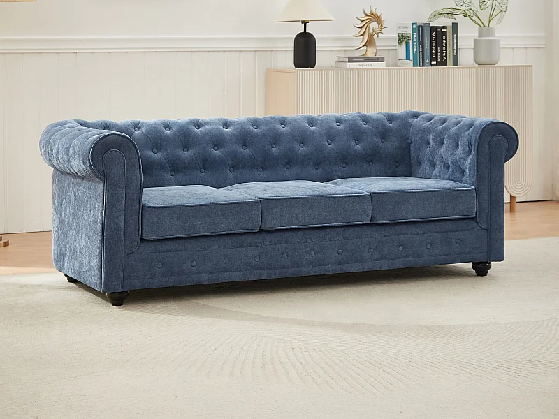 Kanapa 3-osobowa z niebieskiej tkaniny CHESTERFIELD