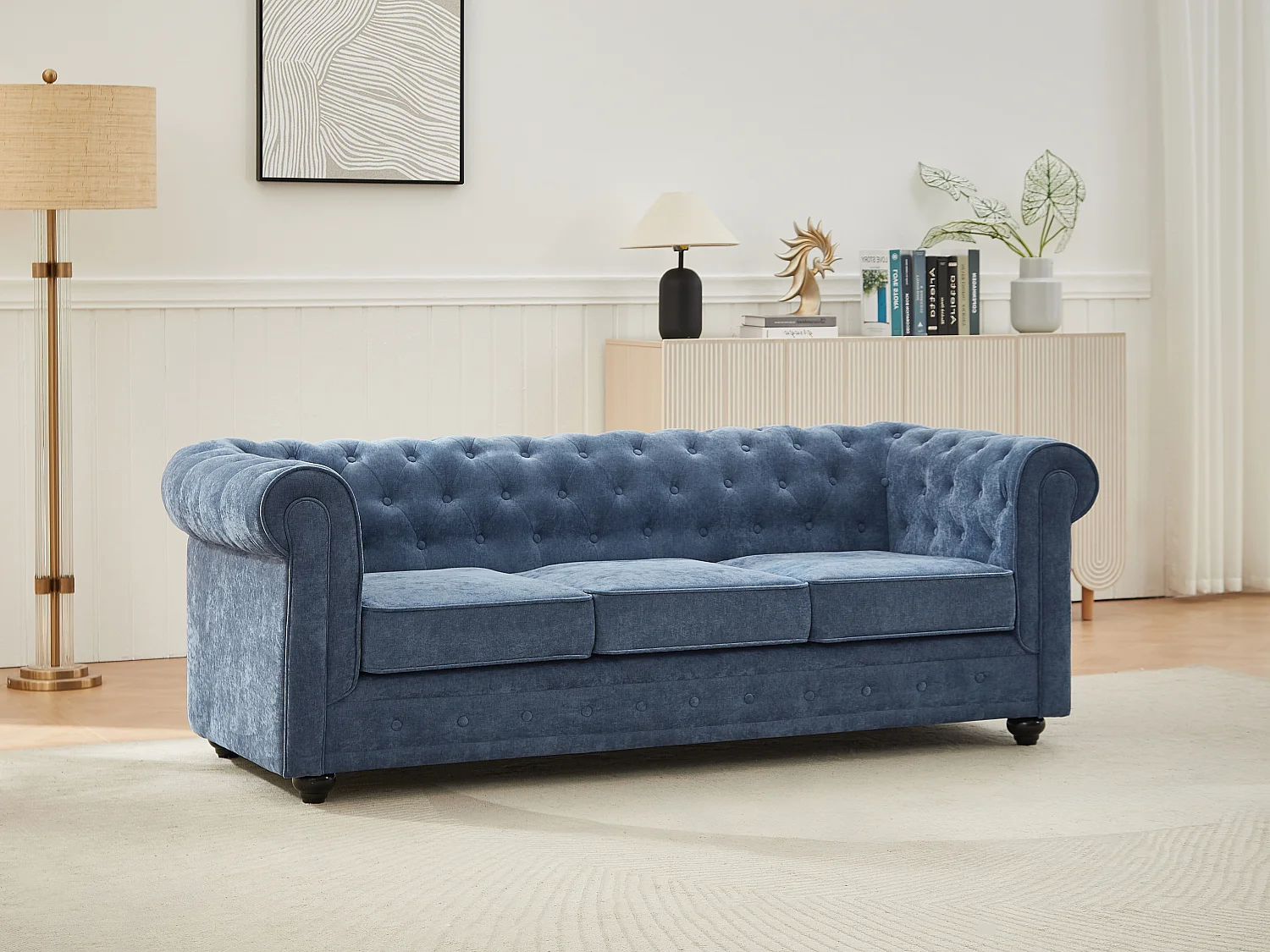 3-personers sofa i blåt stof CHESTERFIELD