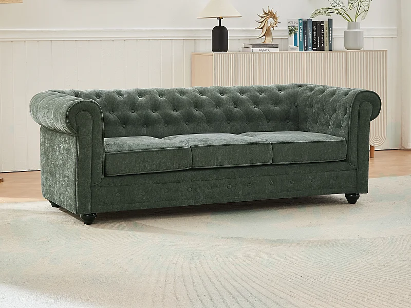 Kanapa 3-osobowa z zielonej tkaniny CHESTERFIELD