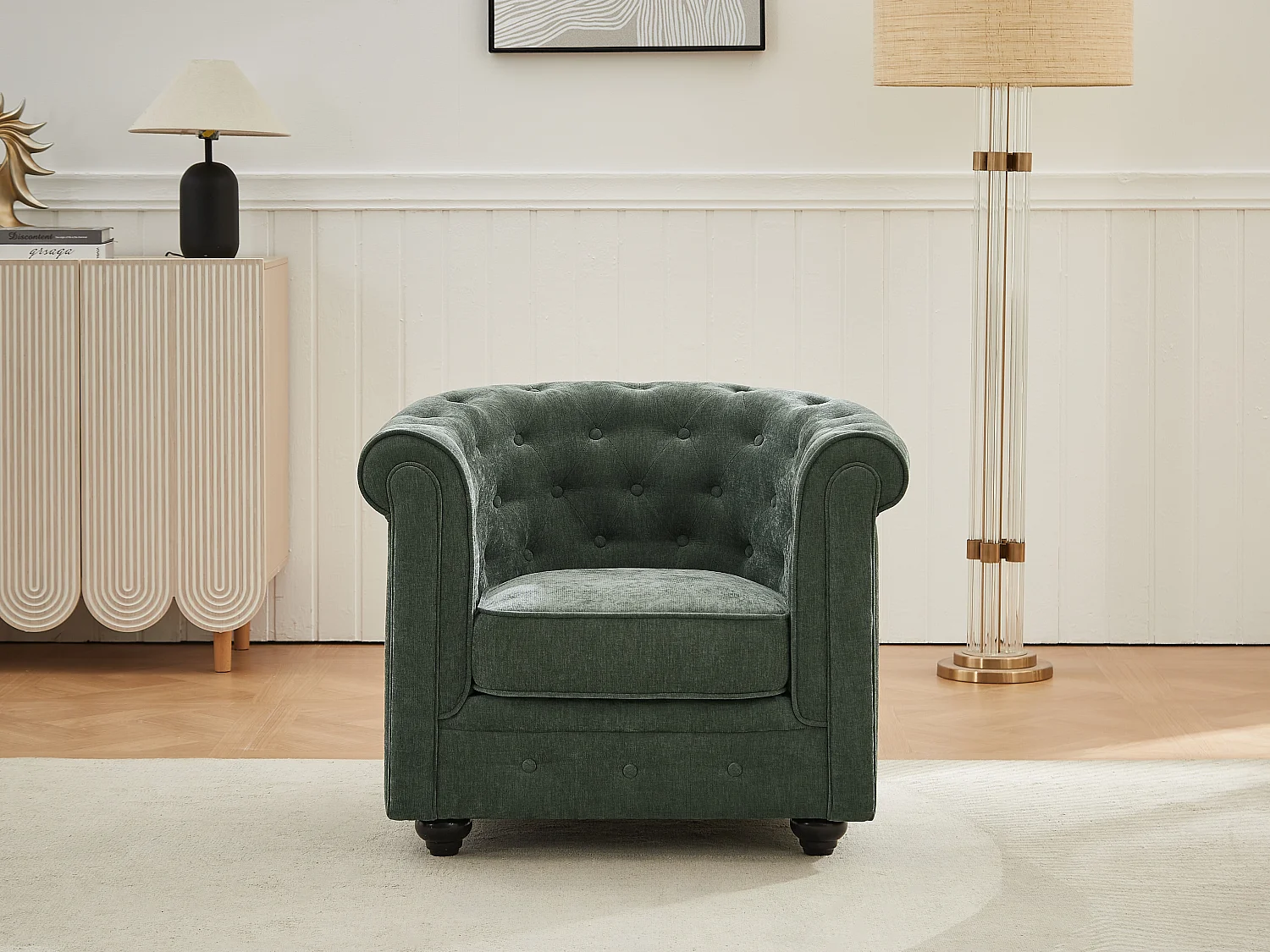 Fauteuil en tissu vert CHESTERFIELD
