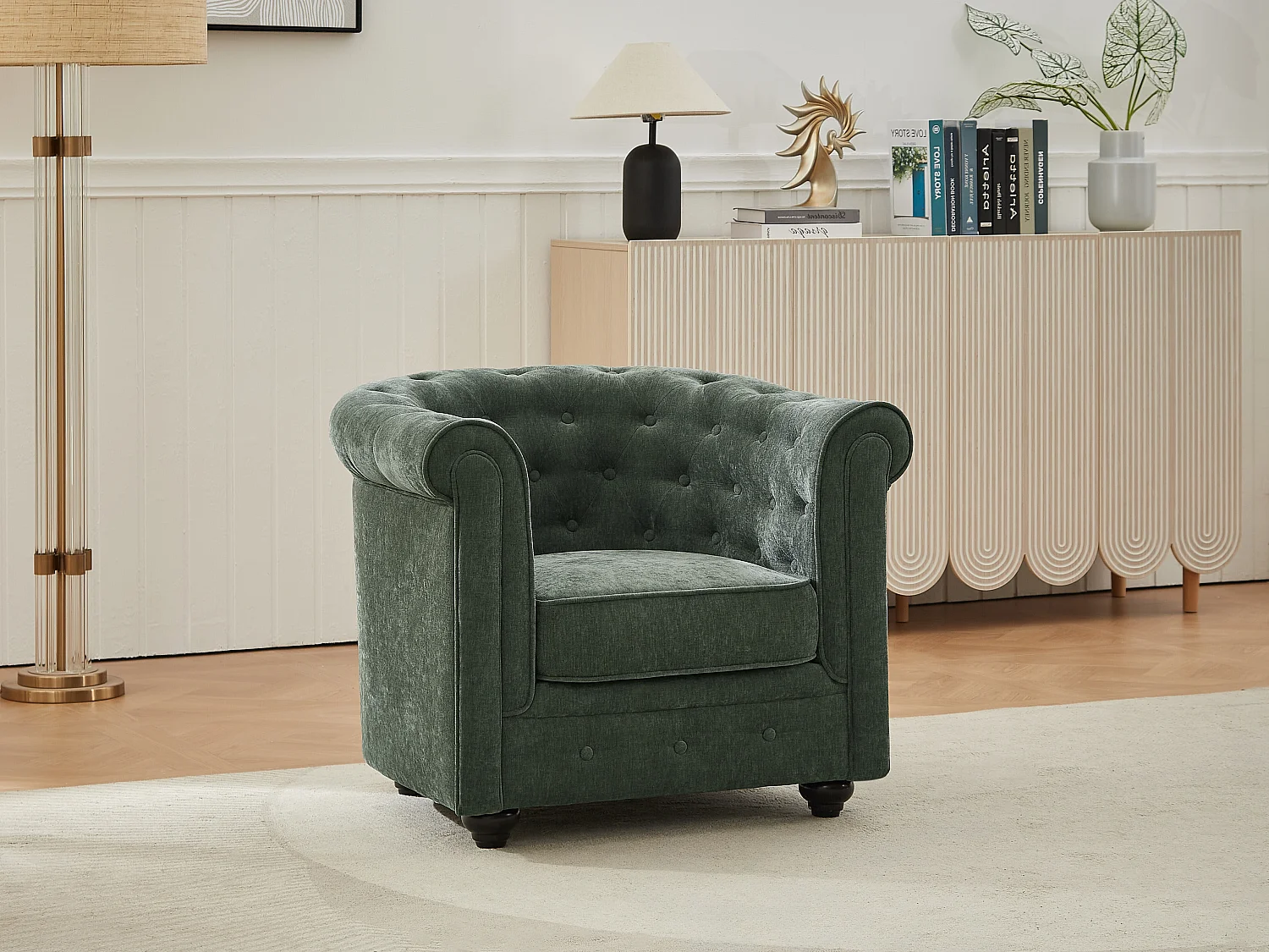 Fauteuil en tissu vert CHESTERFIELD