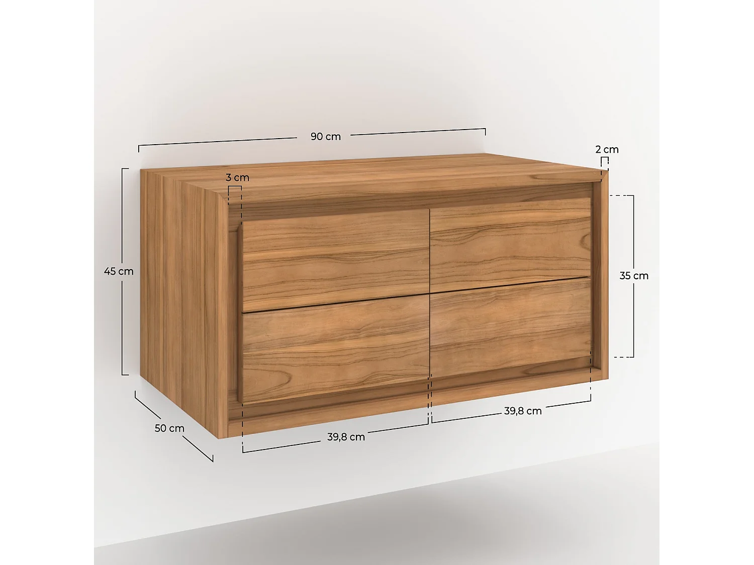 Meuble de salle de bain suspendu en bois de teck 90 cm - Hera