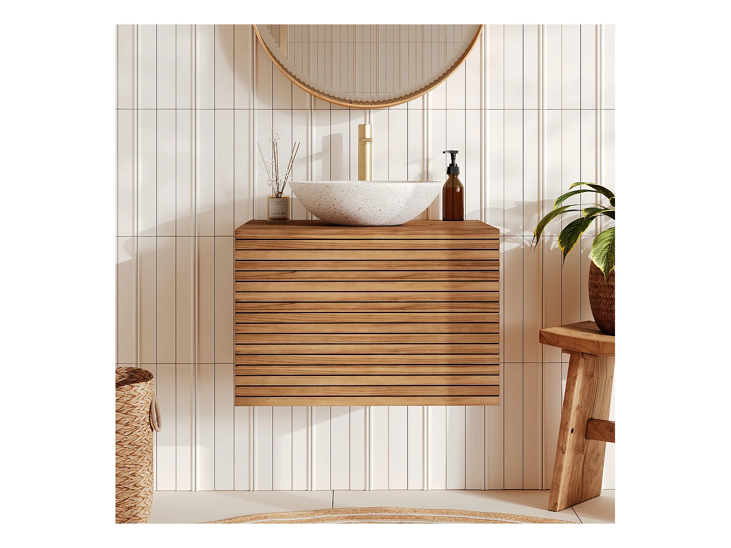 Mobile da bagno sospeso in legno di teak 60 cm - Raye