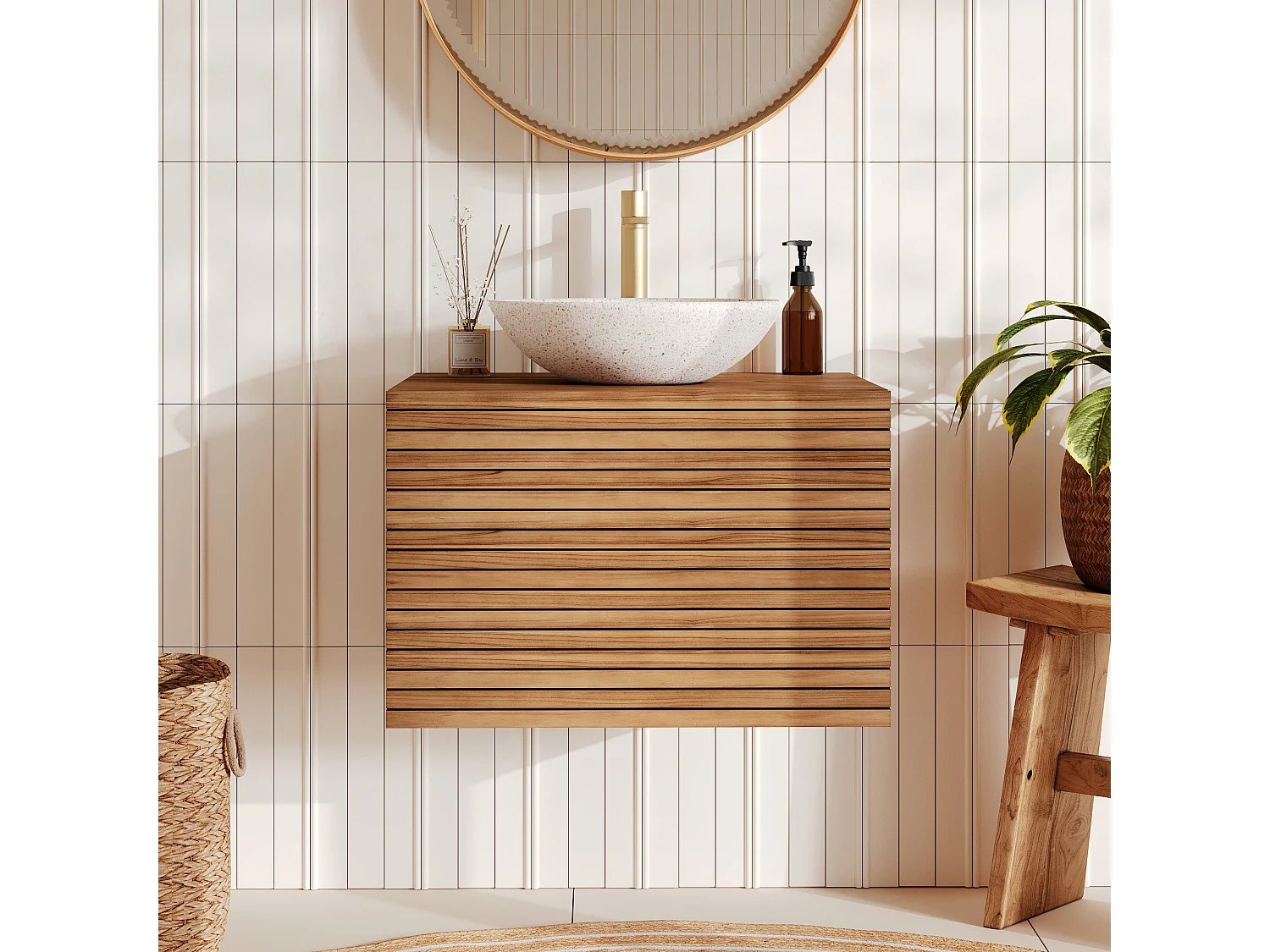 Mobile da bagno sospeso in legno di teak 60 cm - Raye